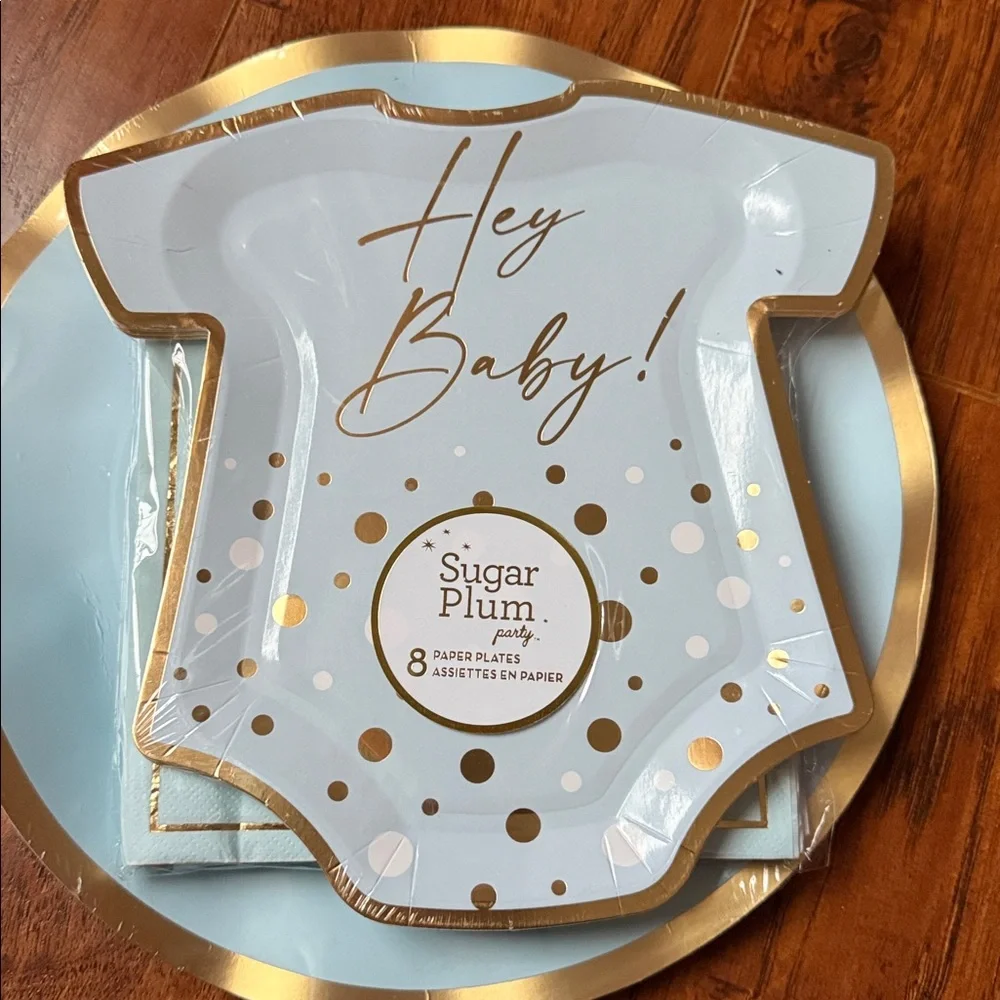 READ - NWT Baby Boy Blue Gold Plates Napkins Baby Shower Party Tableware